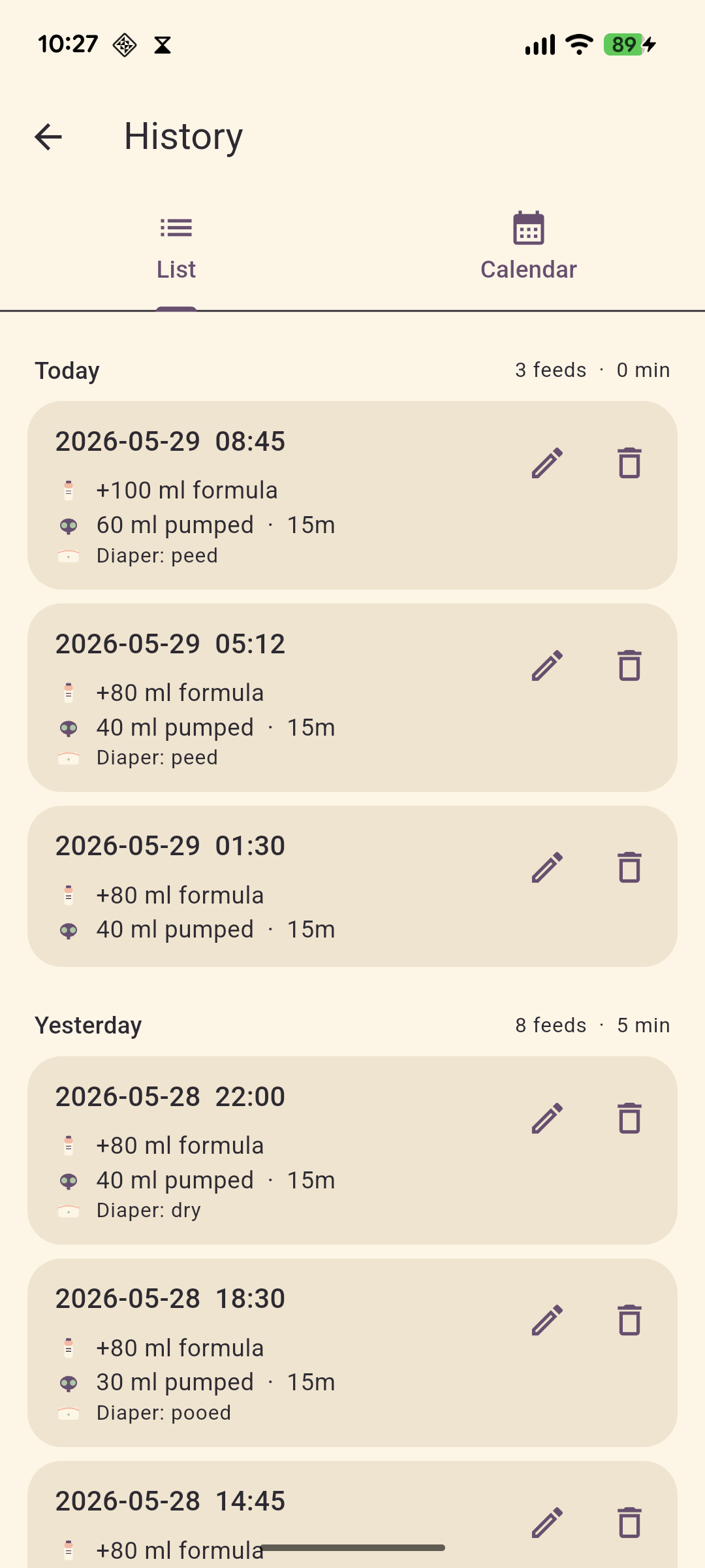 History list with swipe-to-delete
